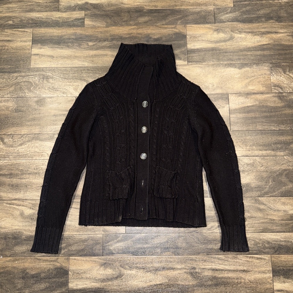 St. John's Bay Cable-Knit Button-Up Long-Sleeve Cardigan Women's Large Black